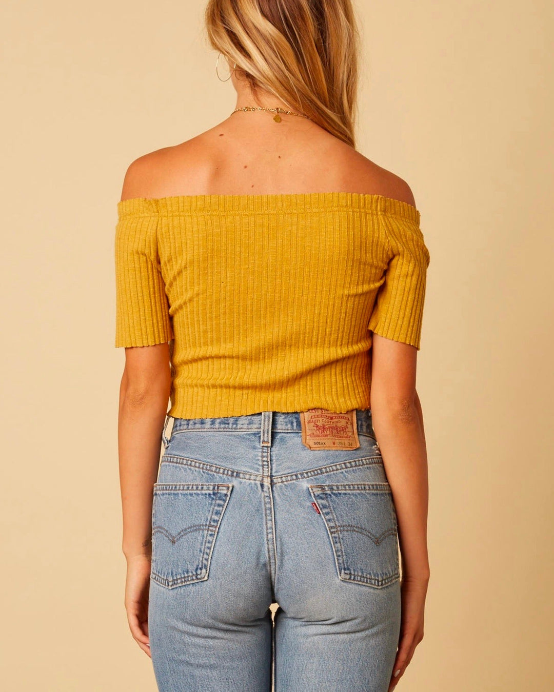 Cotton Candy LA - Button Up Knit Off The Shoulder Crop Top in Mustard