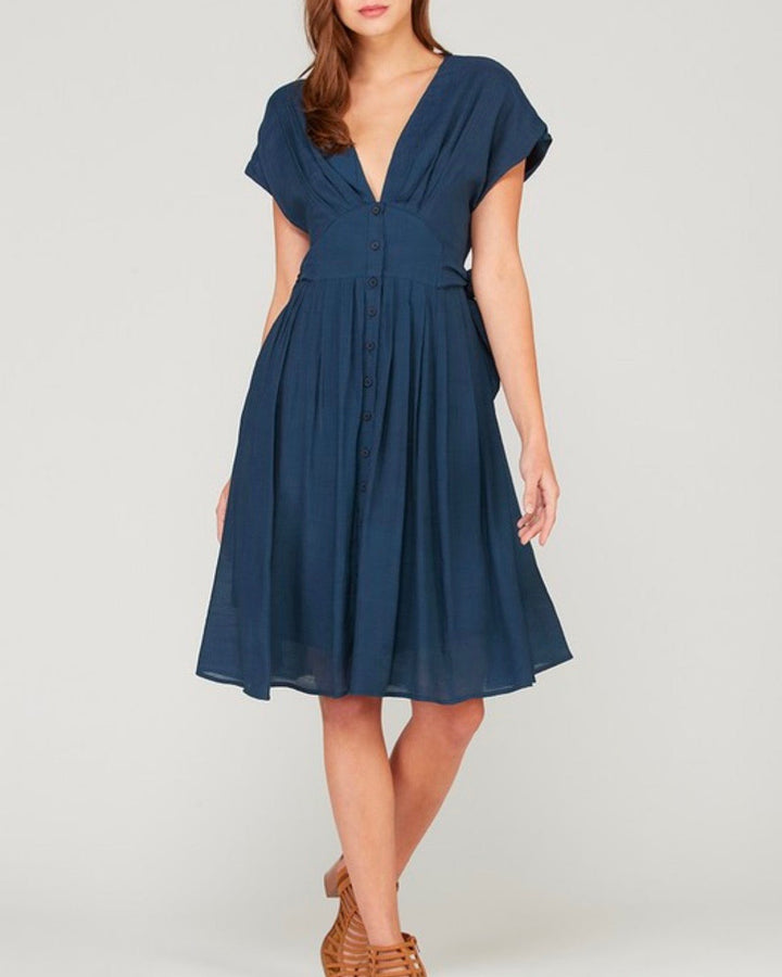 In The Air Woven V-Neck Button Down Empire Waist Dress in Navy