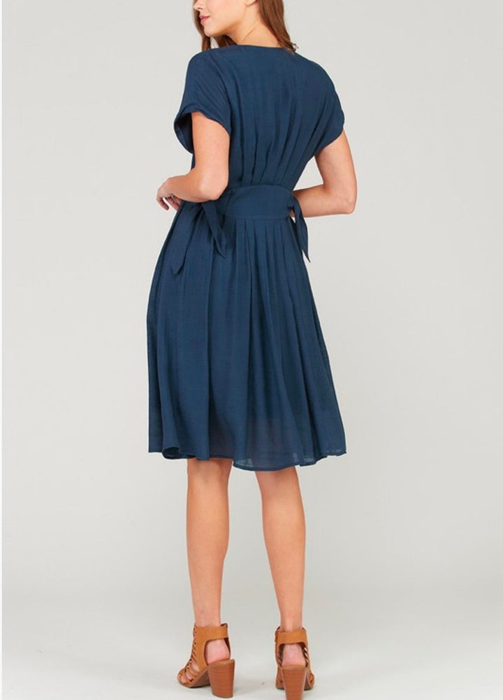 In The Air Woven V-Neck Button Down Empire Waist Dress in Navy