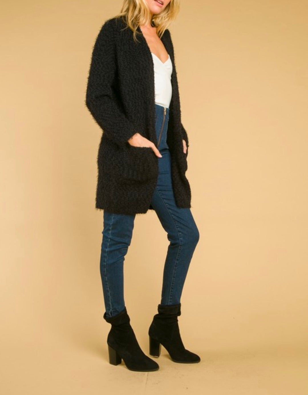 Wild Honey - Long Fuzzy Cardigan with Pockets in Black