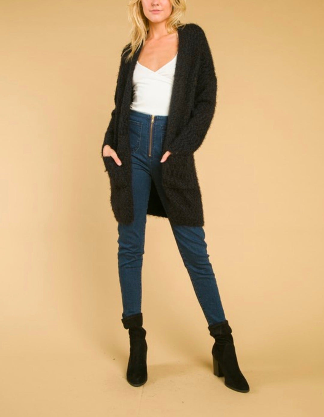 Wild Honey - Long Fuzzy Cardigan with Pockets in Black