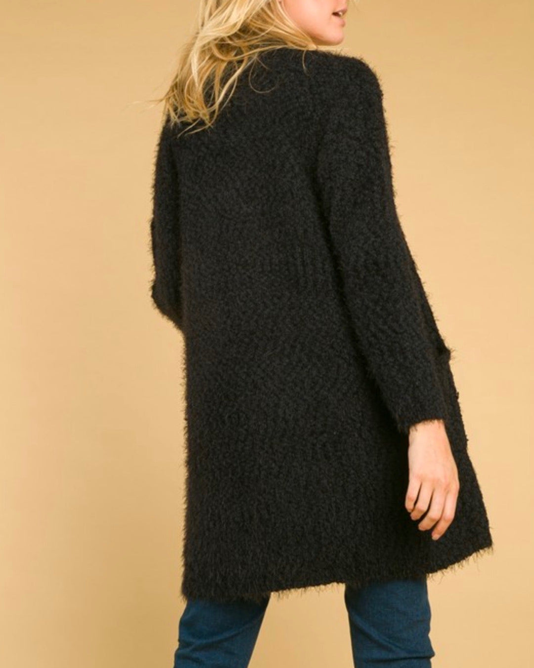 Wild Honey - Long Fuzzy Cardigan with Pockets in Black