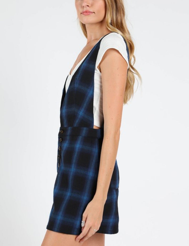 Wild Honey - Plaid V-Neck Pinafore Dress in Cobalt