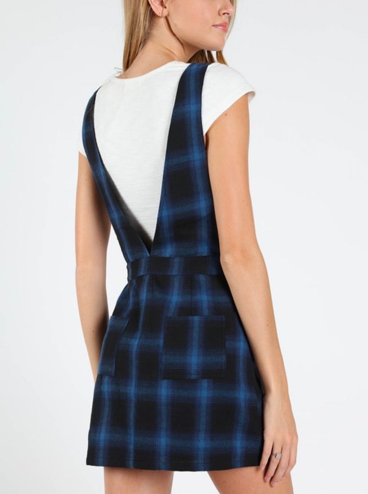 Wild Honey - Plaid V-Neck Pinafore Dress in Cobalt