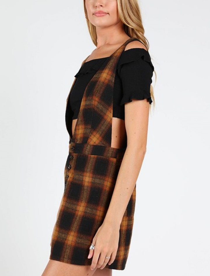 Wild Honey - Plaid V-Neck Pinafore Dress in Brown