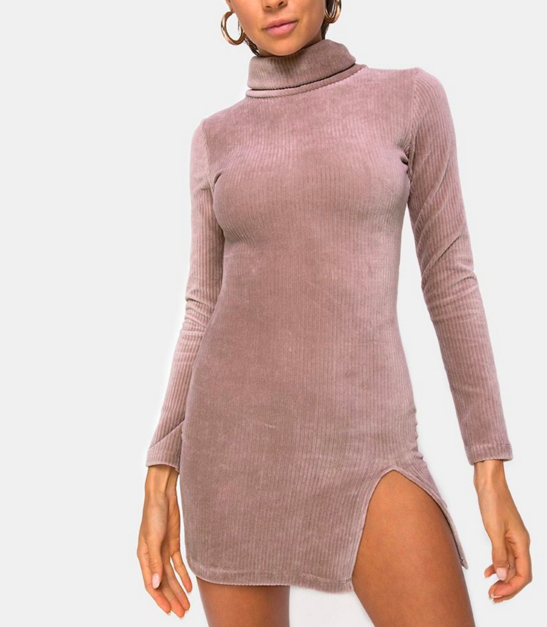 Motel - Tor Velvet Bodycon Mini Dress with Slit in Taupe