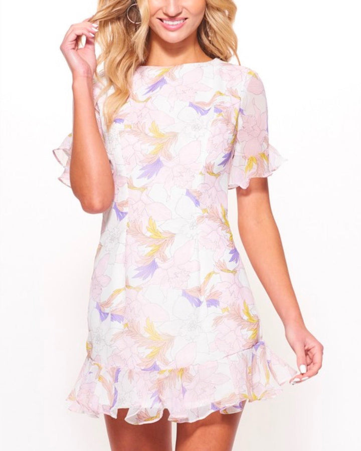 Open Back Floral Printed Chiffon Mini Dress in White