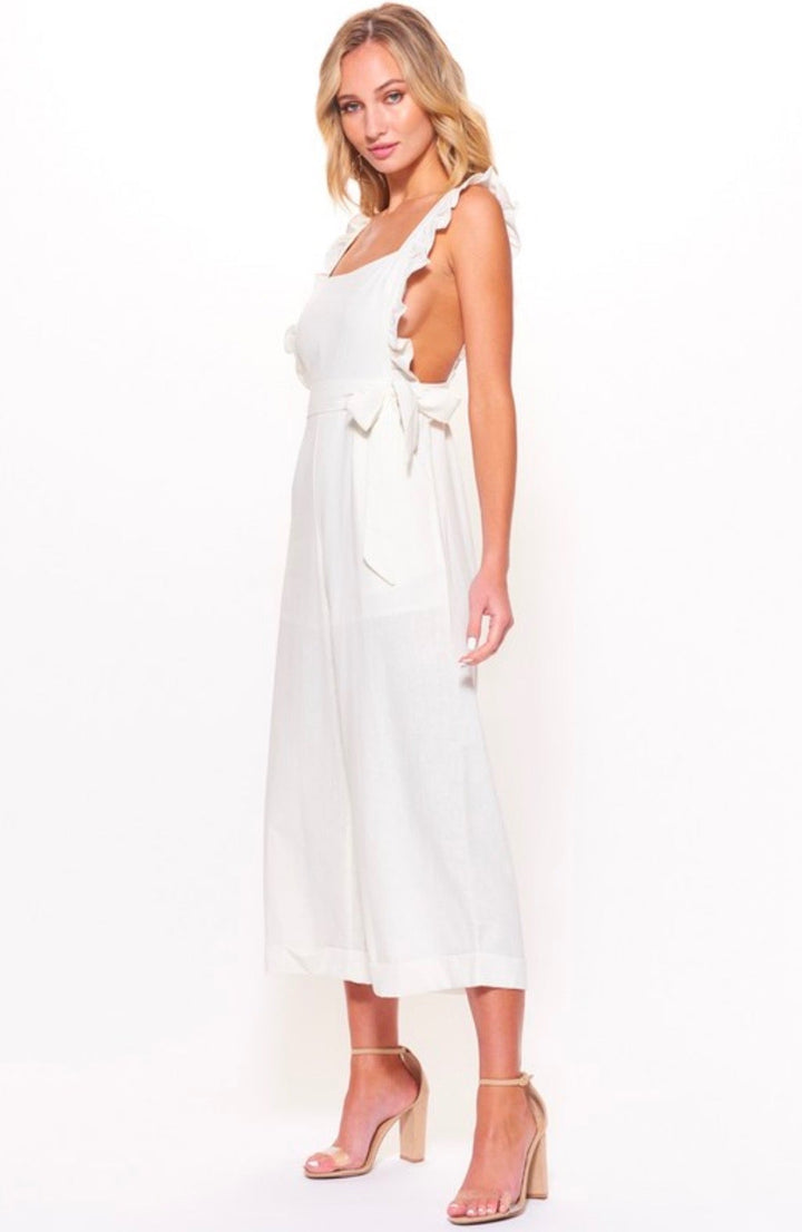 Woven Wide Leg Culotte Jumpsuit with Waist Self Tie in White