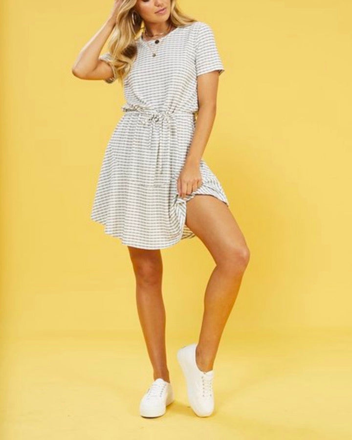 Final Sale - MINKPINK - River Skater Dress in White/Navy Stripes