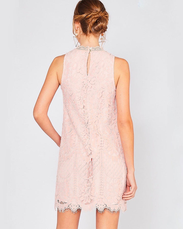 Final Sale - Best Part Sleeveless Lace Scallop Hem Mini Dress in Blush
