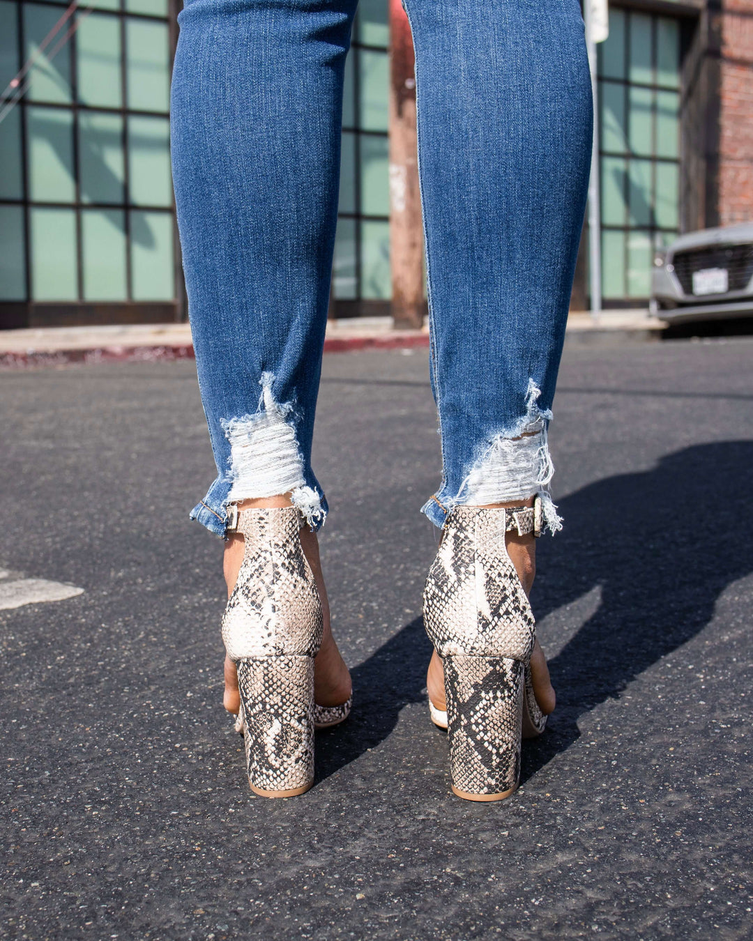 Snake Embossed Open Toe Ankle Strap Chunky Heel in Beige Brown