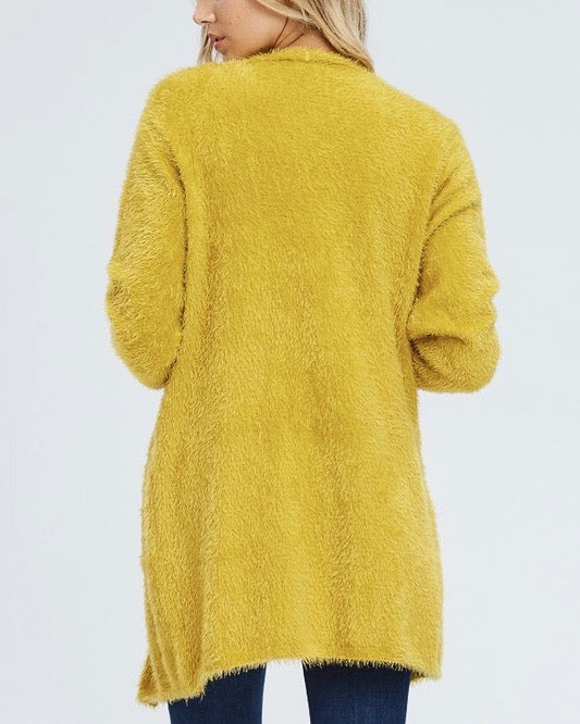 Soft Fuzzy Open Front Cardigan with Double Pockets in Mustard