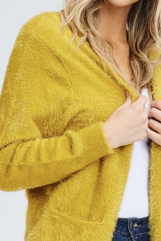 Soft Fuzzy Open Front Cardigan with Double Pockets in Mustard
