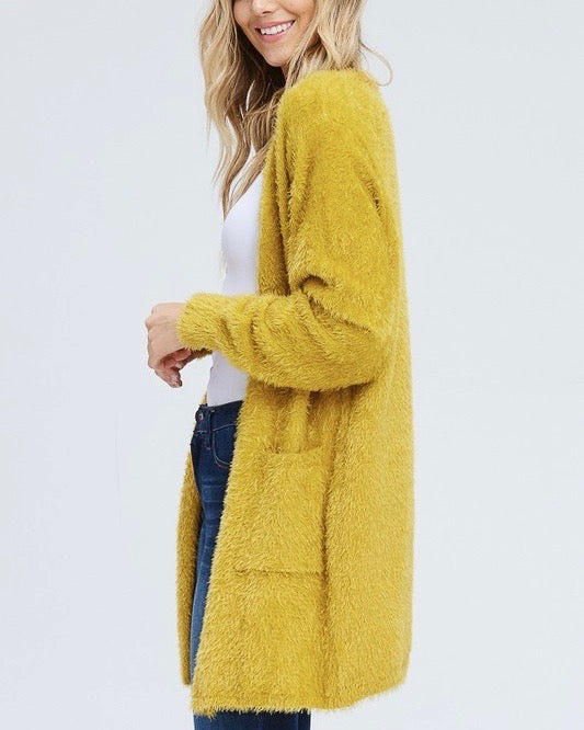 Soft Fuzzy Open Front Cardigan with Double Pockets in Mustard