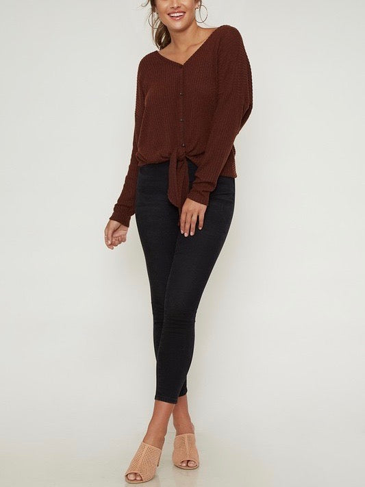 Solid Rib Self Front Tie Thermal Top With Twisted Open Back - Maroon