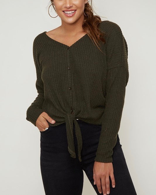 Solid Rib Self Front Tie Thermal Top With Twisted Open Back - Dark Olive