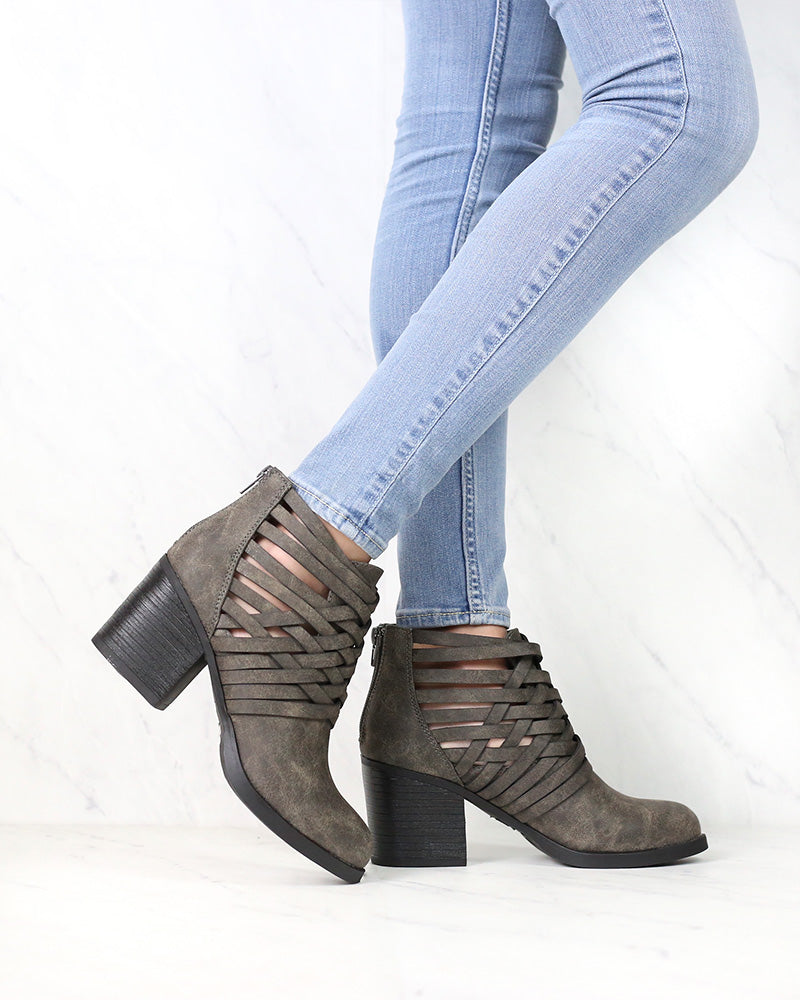 Strappy Woven Vamp Chunky Heel Bootie in Grey