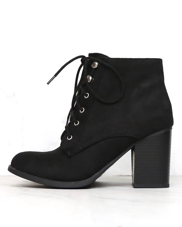 Suede Lace-Up Ankle Booties - Black