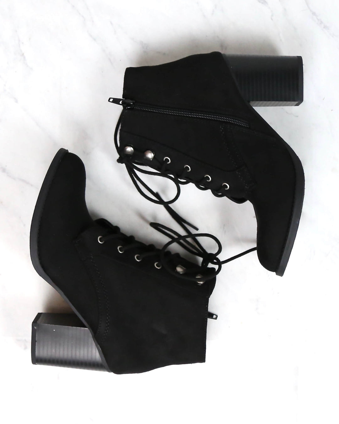 Suede Lace-Up Ankle Booties - Black