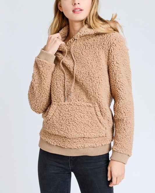 Super Soft Sherpa Front Pocket Hoodie Pullover - Camel