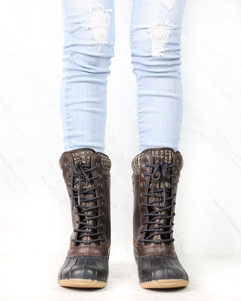 Sweater Cuff Lace-Up Mid Calf Boots - Brown