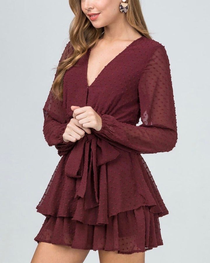 Swiss Dot Bishop Sleeve Waist Tie Tiered Ruffle Romper - more colors