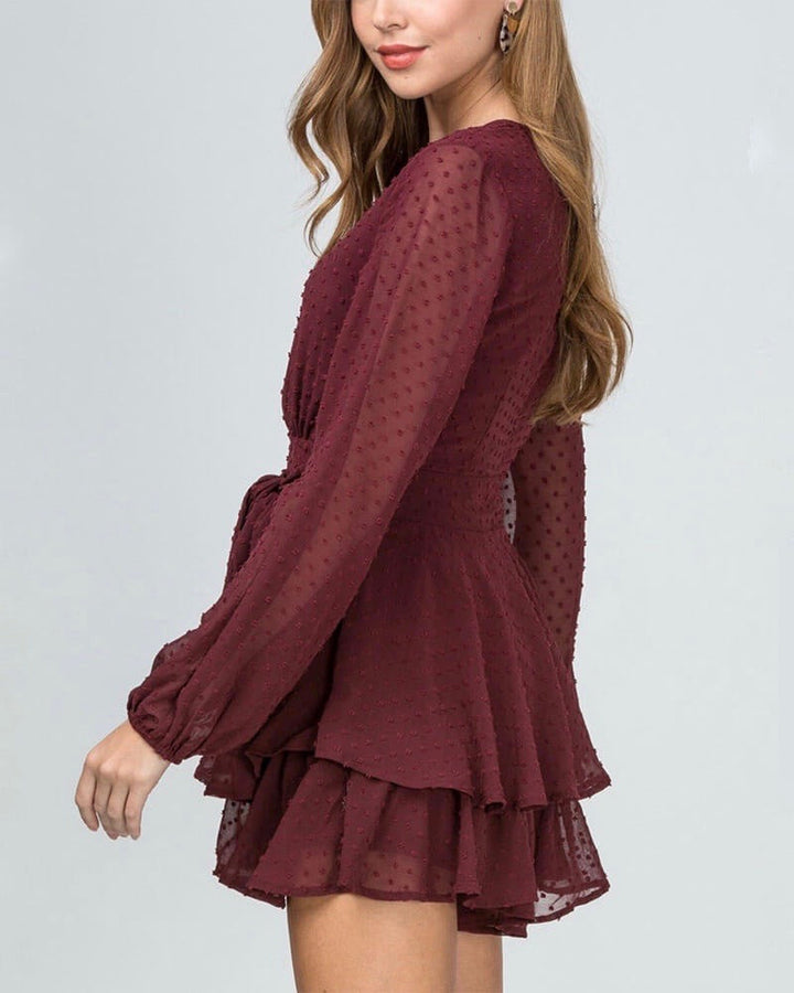 Swiss Dot Bishop Sleeve Waist Tie Tiered Ruffle Romper - more colors
