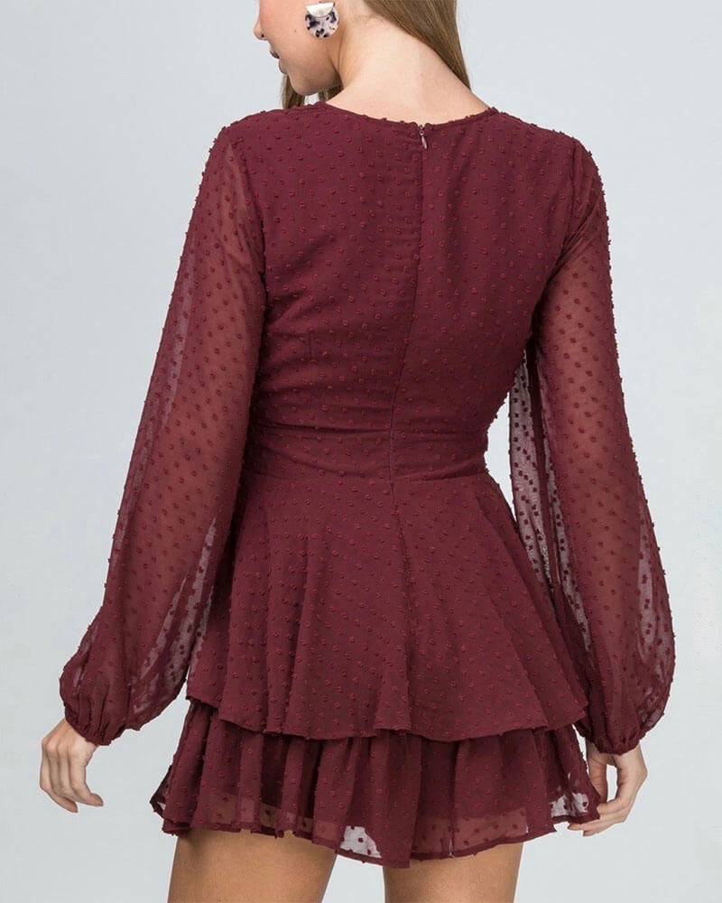 Swiss Dot Bishop Sleeve Waist Tie Tiered Ruffle Romper - more colors