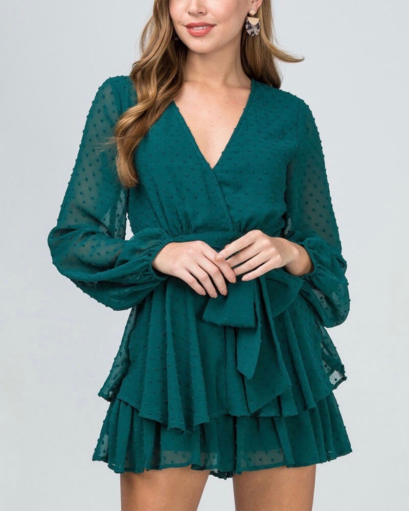 Swiss Dot Bishop Sleeve Waist Tie Tiered Ruffle Romper - more colors