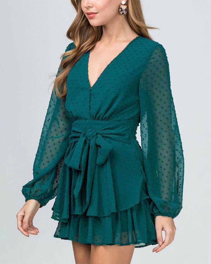 Swiss Dot Bishop Sleeve Waist Tie Tiered Ruffle Romper - more colors