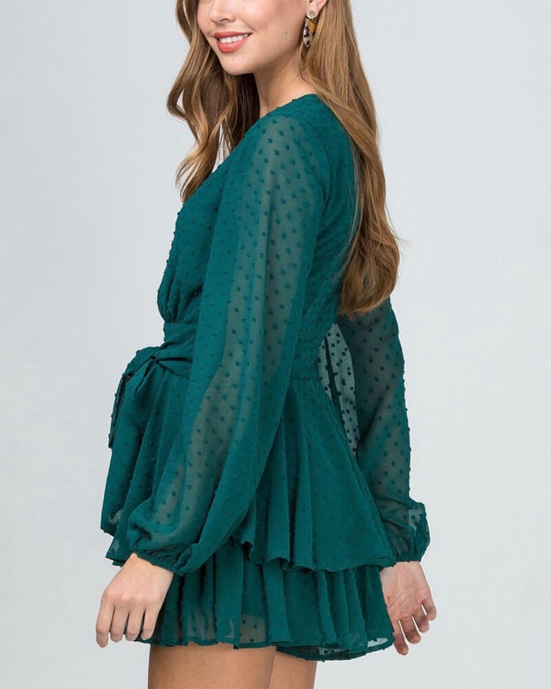 Swiss Dot Bishop Sleeve Waist Tie Tiered Ruffle Romper - more colors
