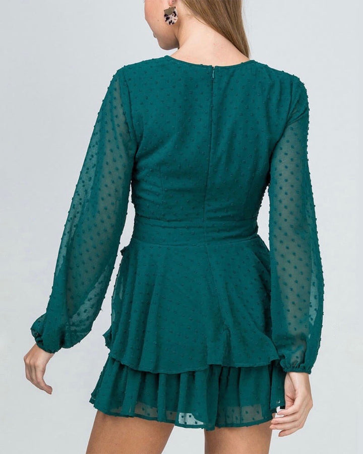 Swiss Dot Bishop Sleeve Waist Tie Tiered Ruffle Romper - more colors