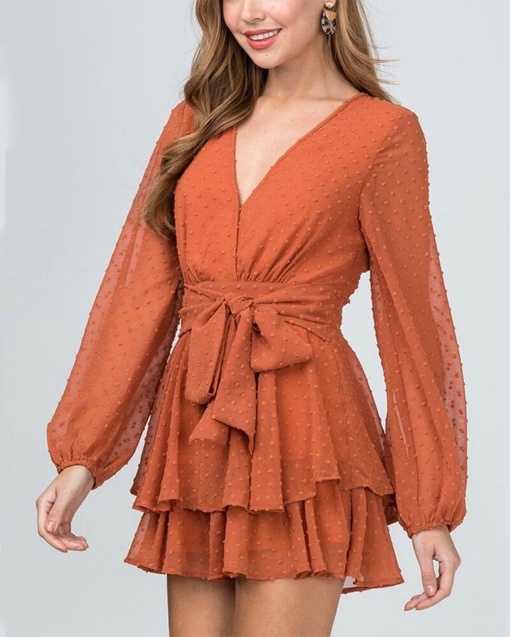 Swiss Dot Bishop Sleeve Waist Tie Tiered Ruffle Romper - more colors