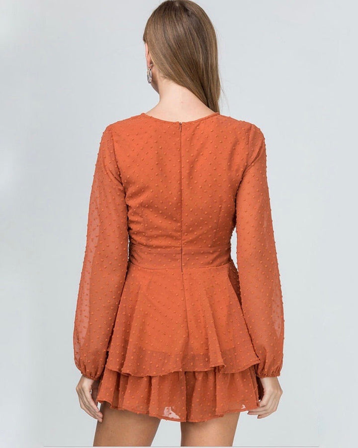 Swiss Dot Bishop Sleeve Waist Tie Tiered Ruffle Romper - more colors