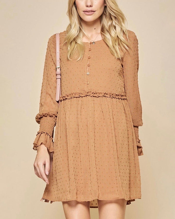 Swiss Dot Ruffle Detail Long Sleeve Dress in Rust