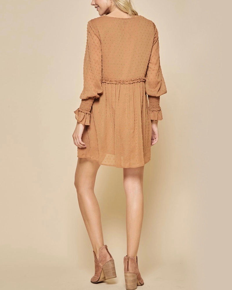Swiss Dot Ruffle Detail Long Sleeve Dress in Rust