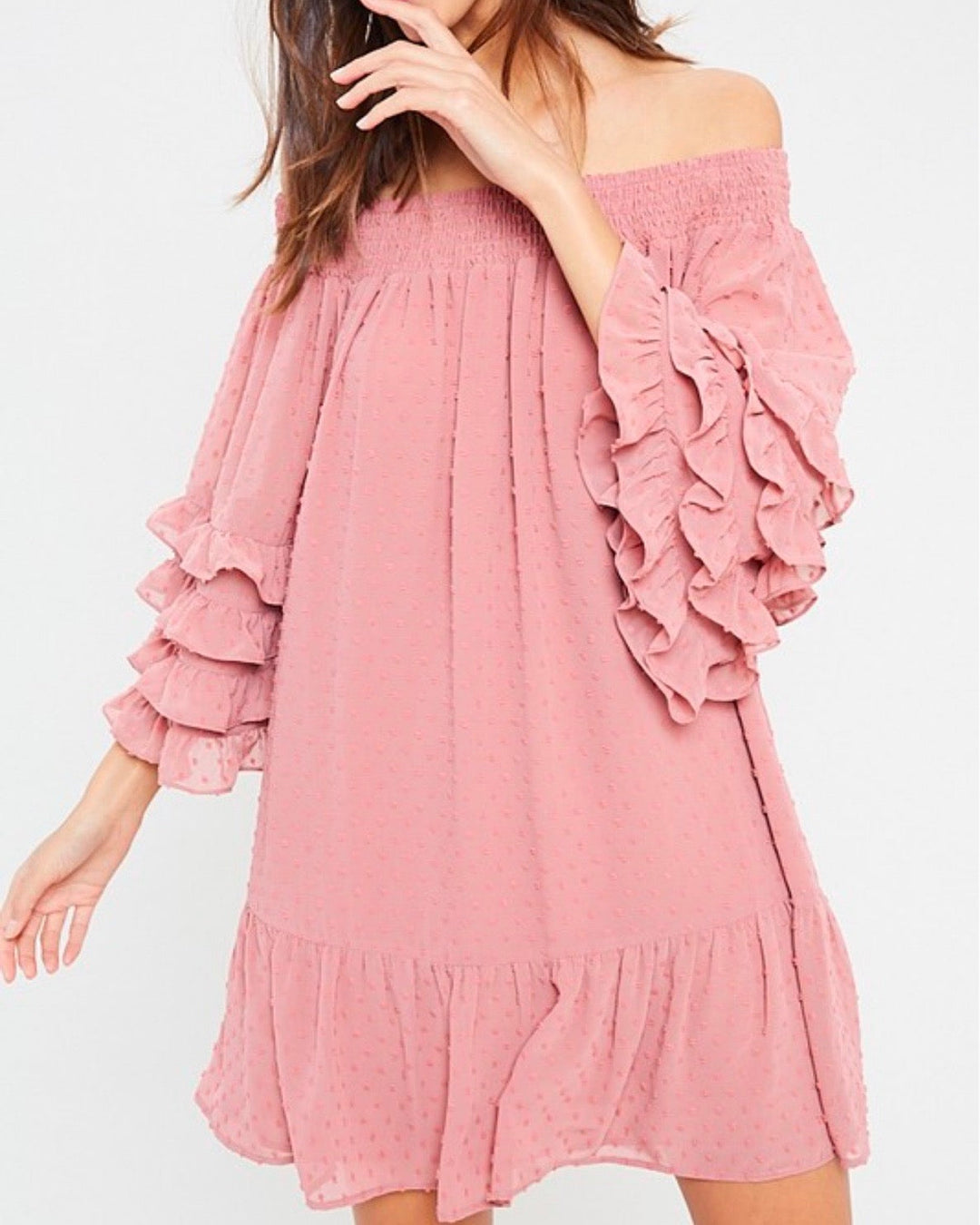 Swiss Dot Ruffle Tiered Sleeve Off-The-Shoulder Tunic Dress in Ginger