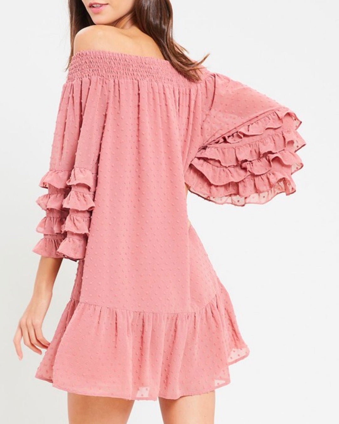 Swiss Dot Ruffle Tiered Sleeve Off-The-Shoulder Tunic Dress in Ginger