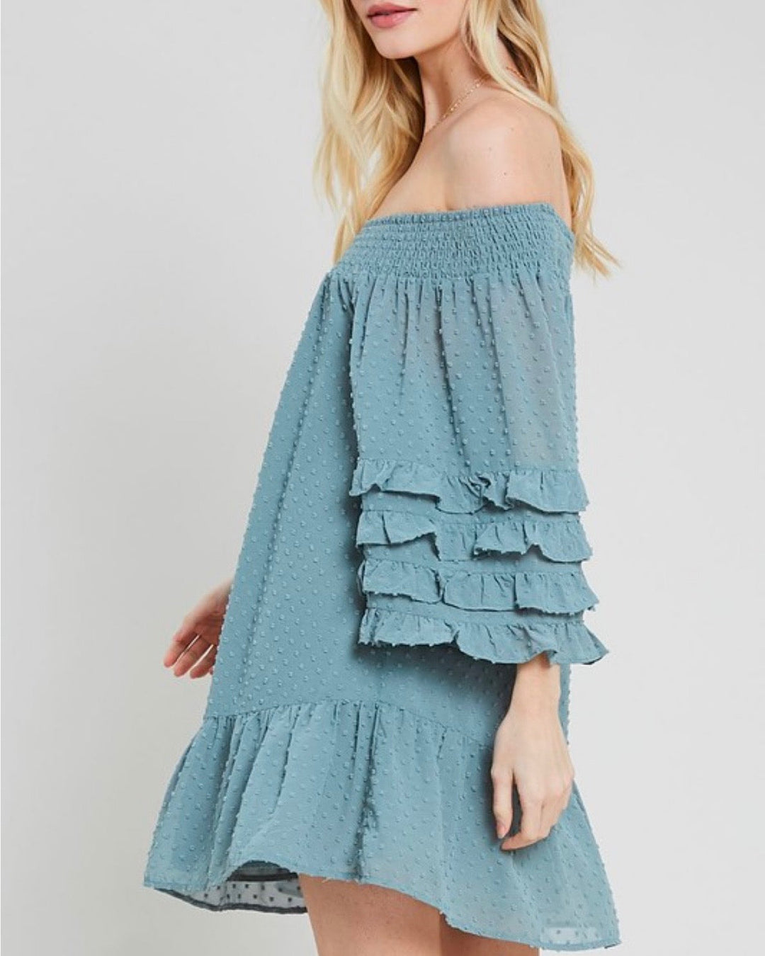 Swiss Dot Ruffle Tiered Sleeve Off-The-Shoulder Tunic Dress in Grey Mint