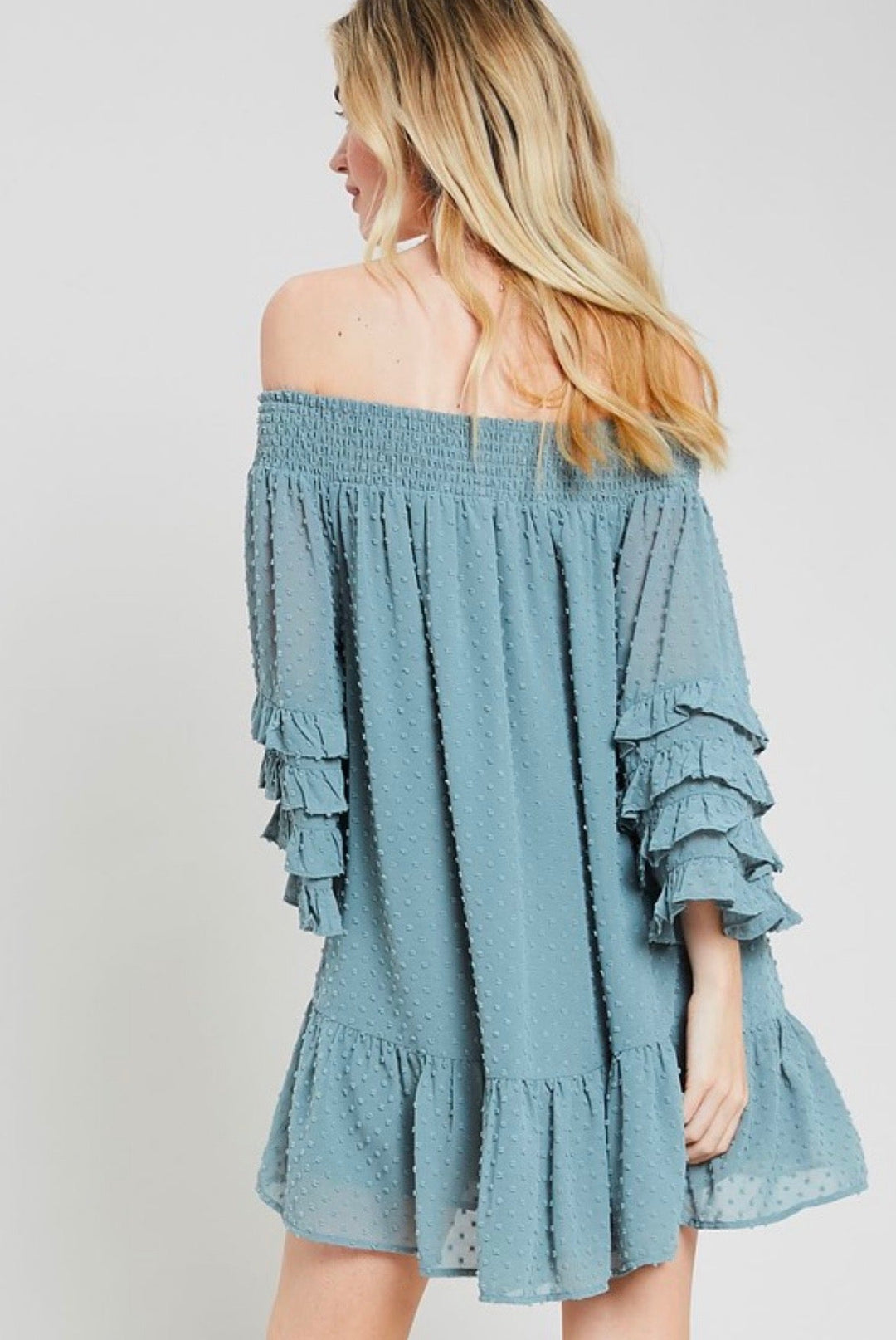Swiss Dot Ruffle Tiered Sleeve Off-The-Shoulder Tunic Dress in Grey Mint