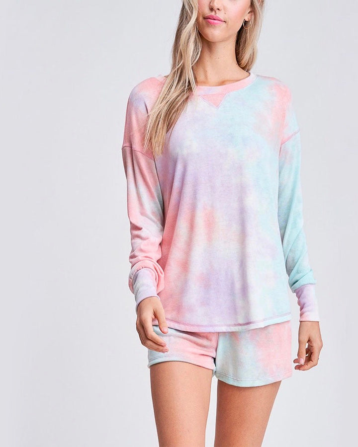 Tie Dye Print Sleep Lounge Wear Set - Coral & Mint