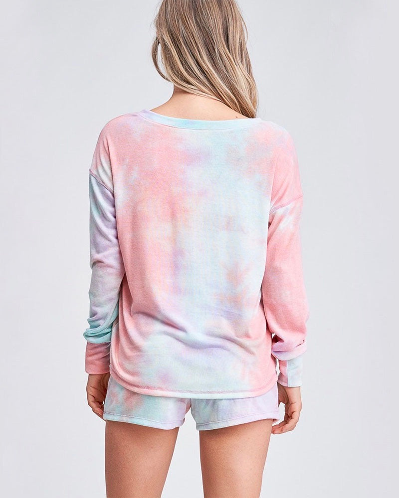 Tie Dye Print Sleep Lounge Wear Set - Coral & Mint
