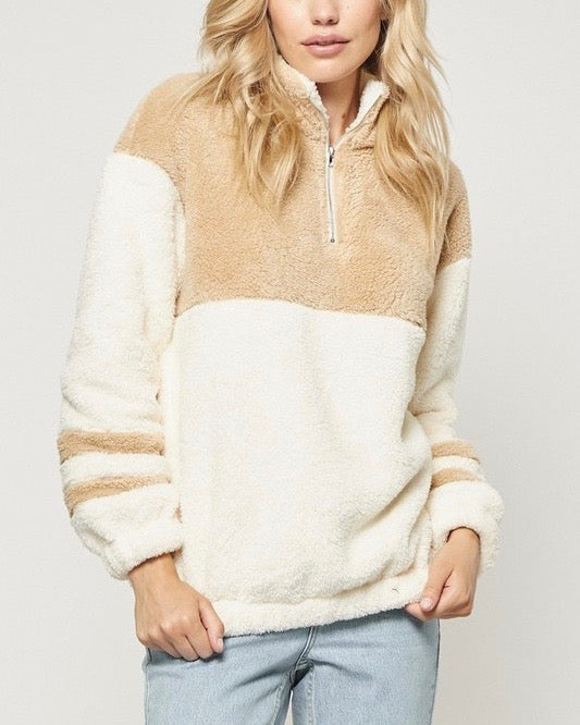 Final Sale - Two Tone Sherpa Half-Zip Pullover - Ivory/Taupe