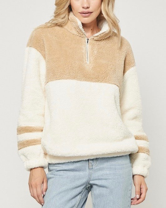 Final Sale - Two Tone Sherpa Half-Zip Pullover - Ivory/Taupe