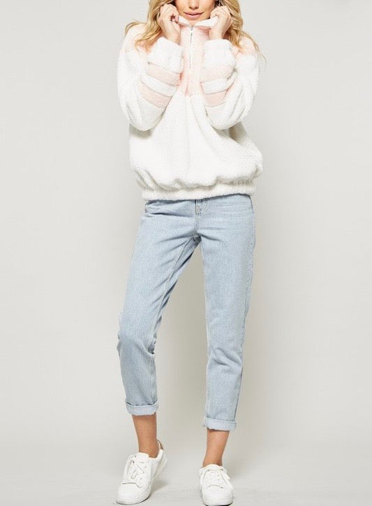 Final Sale - Two Tone Sherpa Half-Zip Pullover - Ivory/Blush