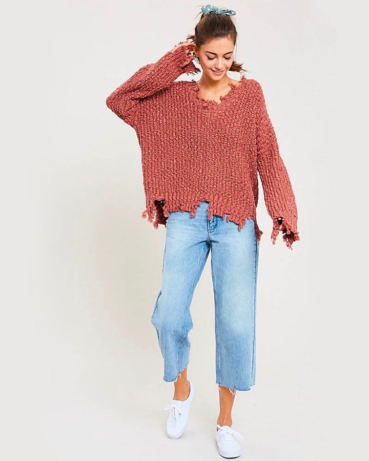 Distressed Hem Popcorn Yarn Knit V-Neck Sweater - Brick