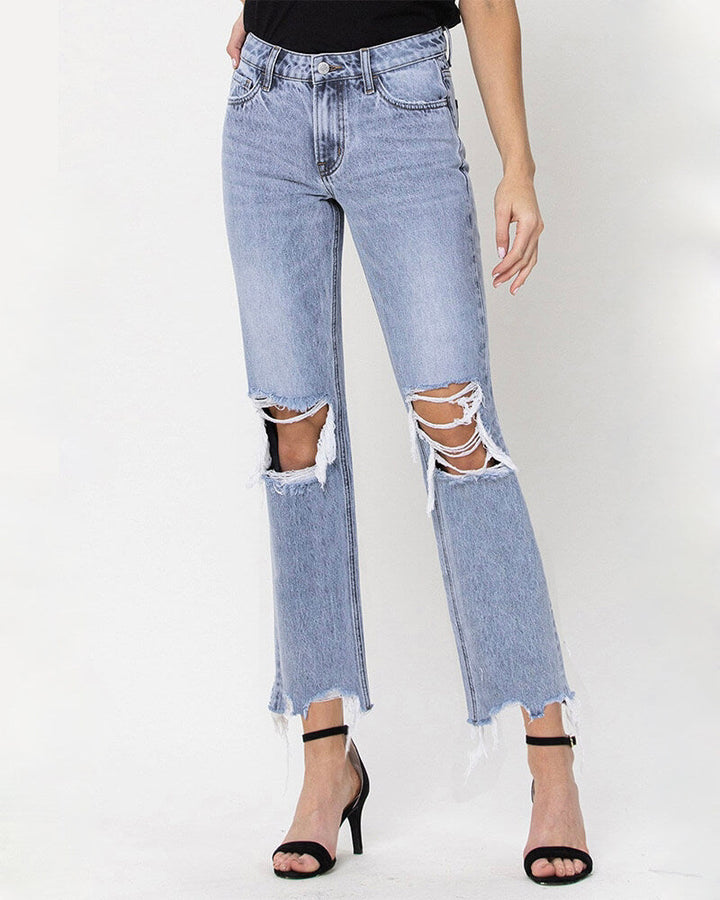 VERVET 90's Vintage Distressed Straight Leg Cropped Hem Denim Jeans - Blue Melody