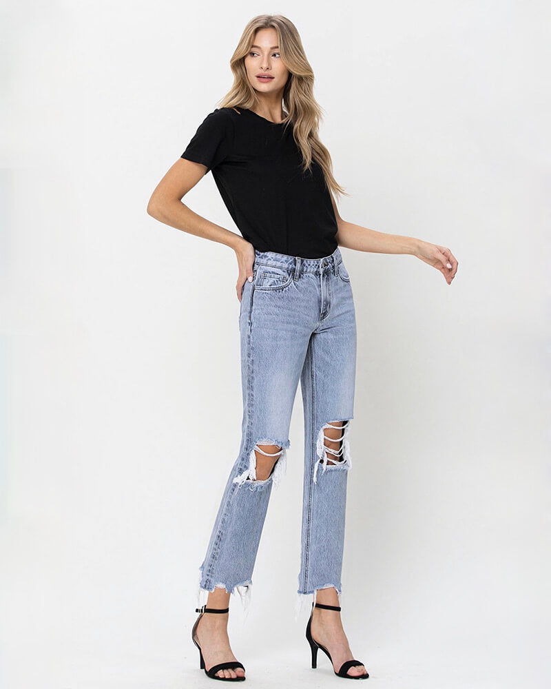 VERVET 90's Vintage Distressed Straight Leg Cropped Hem Denim Jeans - Blue Melody