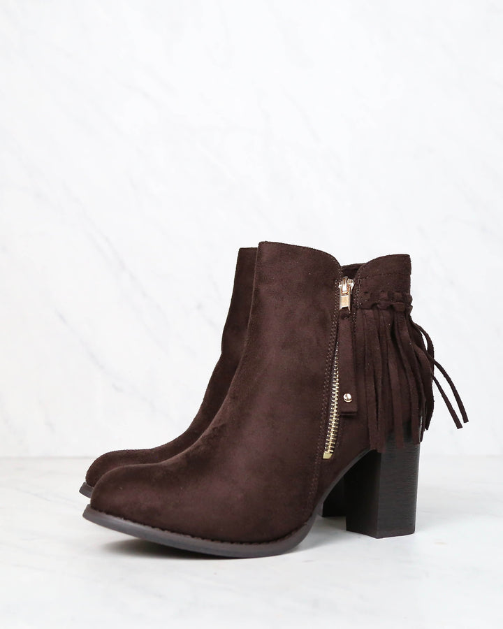 City Chic Fringe Vegan Suede Ankle Boots in Brown