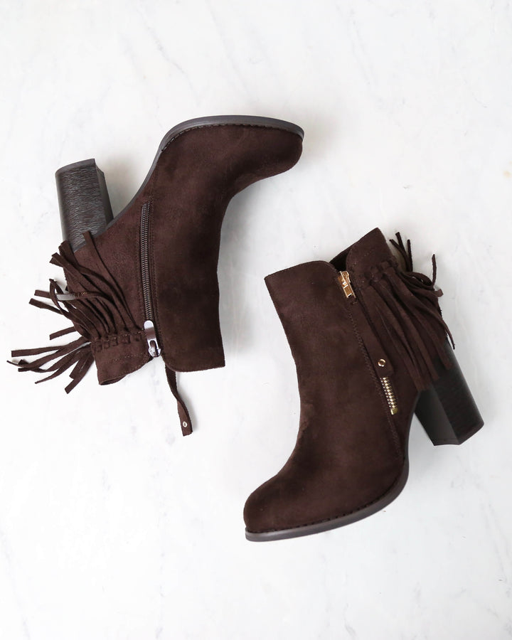City Chic Fringe Vegan Suede Ankle Boots in Brown